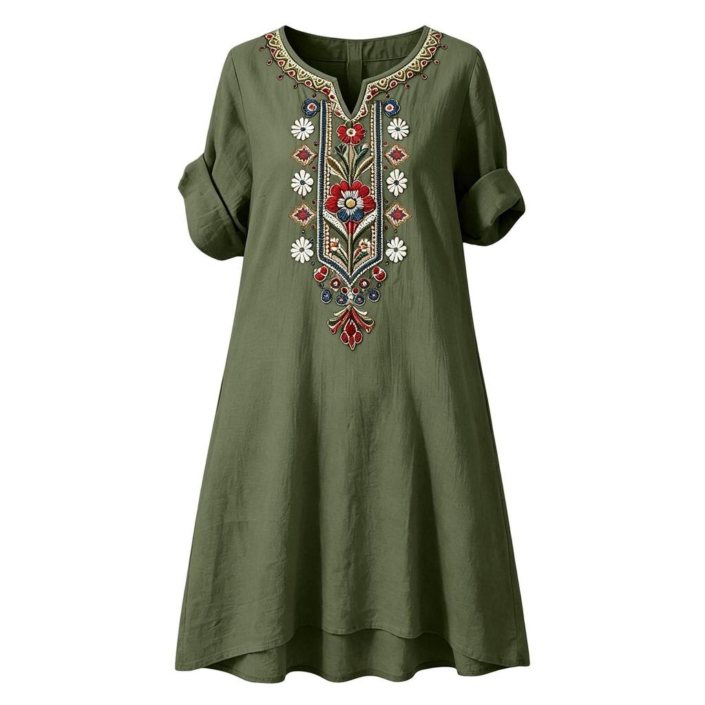 Robe Tunique Unie Brodée Décontractée Ample pour Femme Manches Courtes Col en V avec Poches Légère Confortable