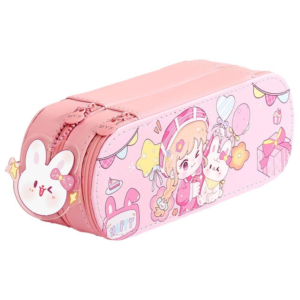 PU Leather Material Multi-Functional Pencil Box Layered Structure Cartoon Storage Box  Office Use