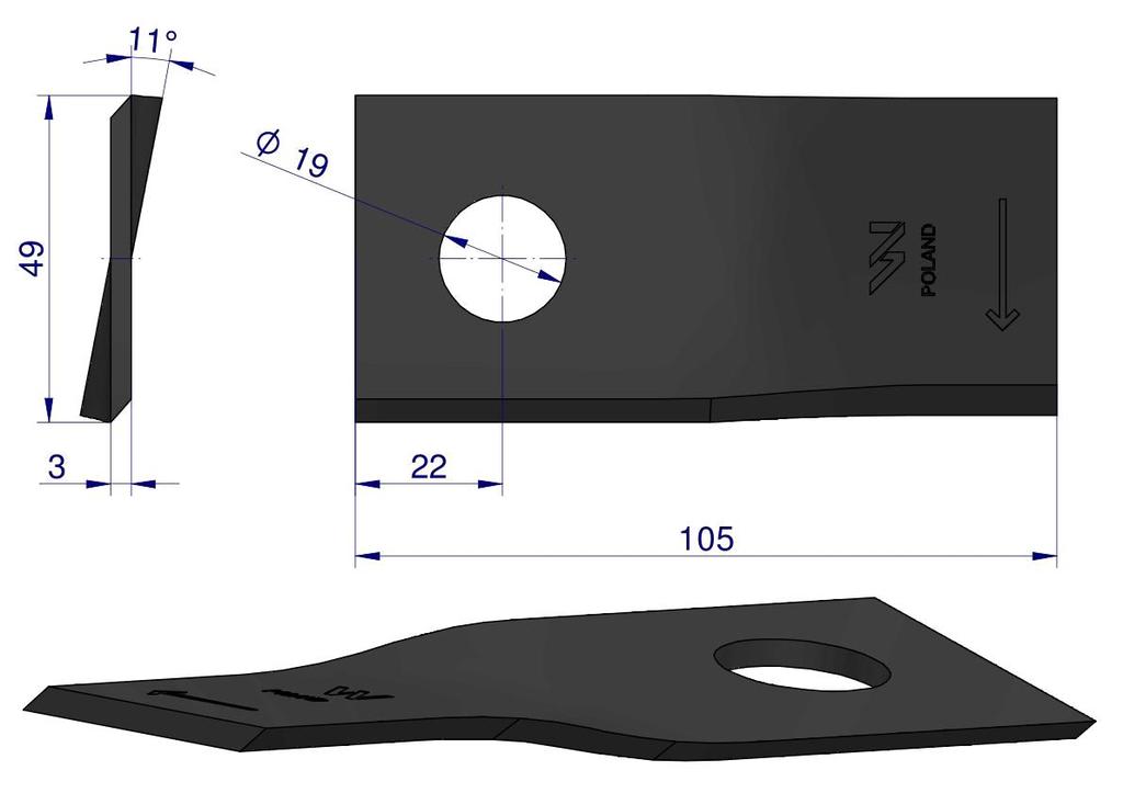 Knife, mower blade 105X48X3X19 right application 9041778 Niemeyer WARYŃSKI (sold in 25 pieces)