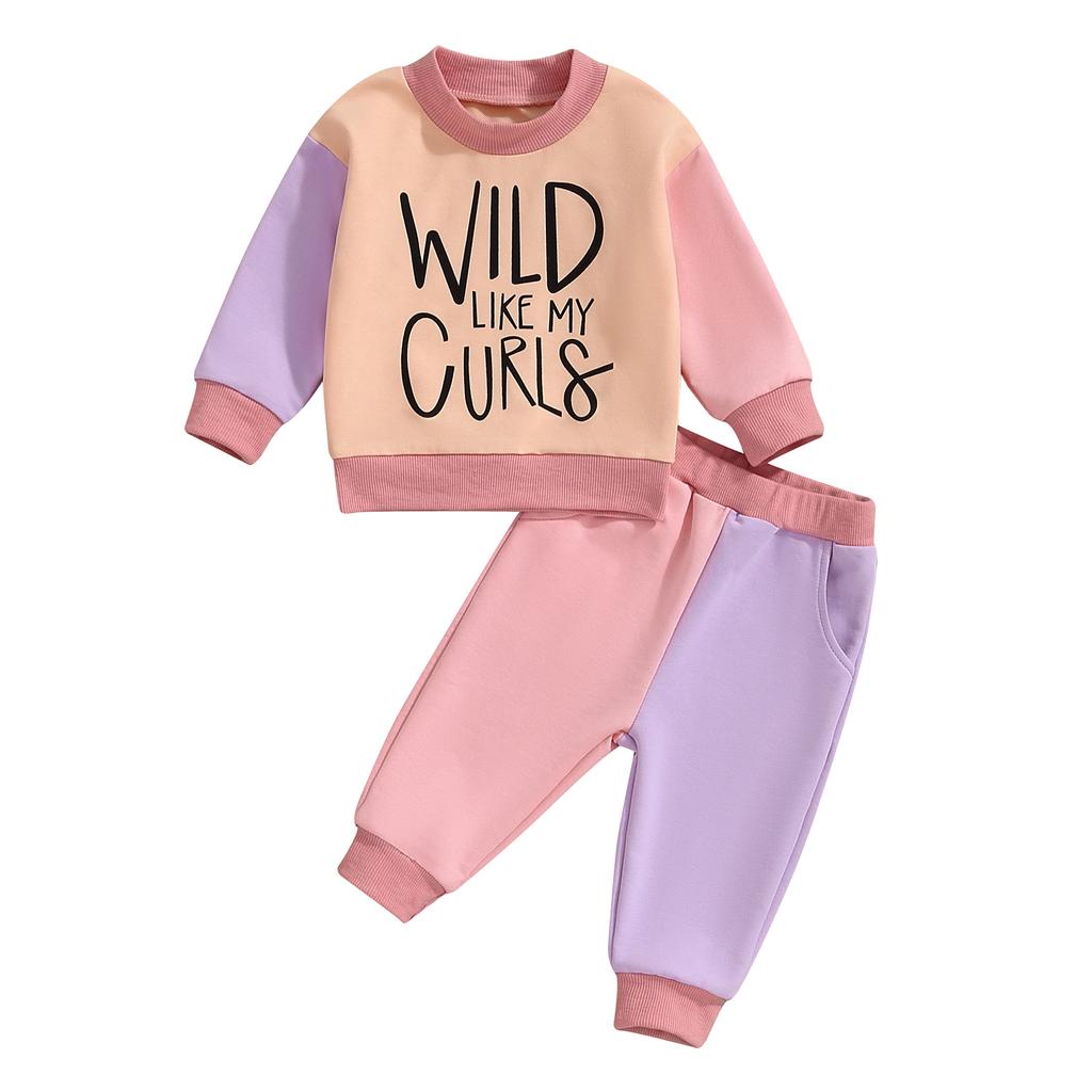 Little Girl Contrast Color Outfit, Letter Print Mock Neck Long Sleeve Sweatshirt Elastic Waist Pants 2 Piece Fall Set