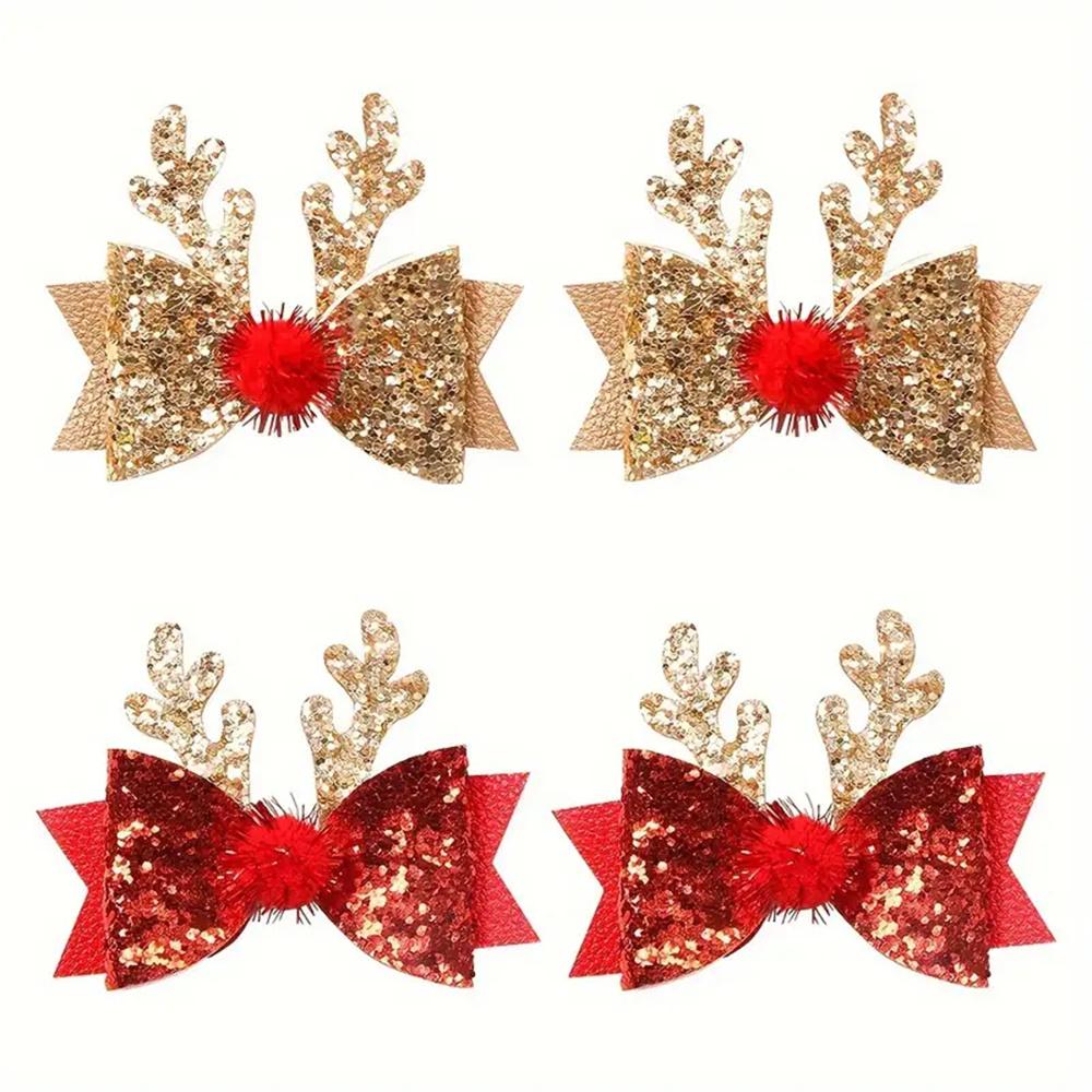 4pcs Children's Christmas Antler Hair Clip Glitter Elk Bow Hair Accessories For Girls Princess Pompom Party Hairpins Ideal Gifts