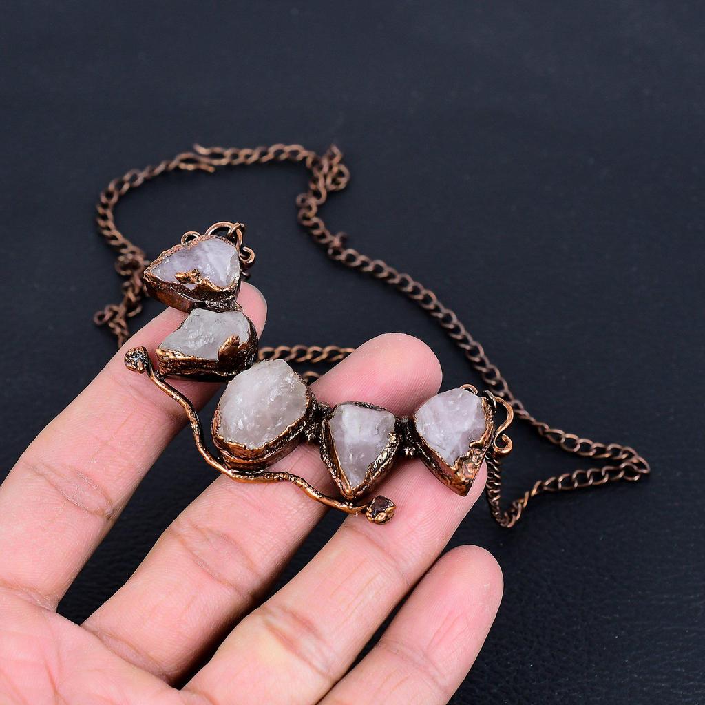 Rose Quartz Necklace, Gemstone Copper Electroformed Handmade Wonderful Jewelry Necklace, Gift for Introverted