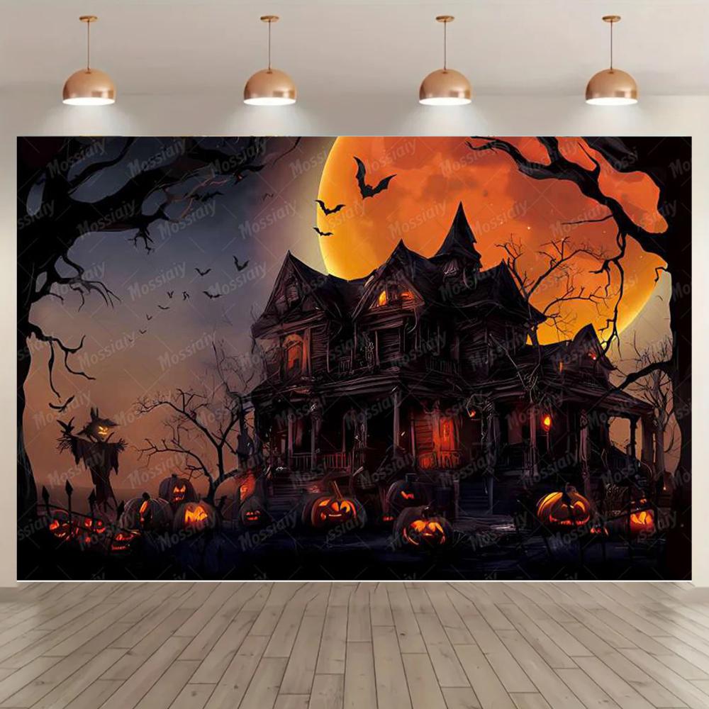 Happy Halloween Photography Background Pumpkin Bat Skull Cemetery Horror Castle Halloween Party Decoration Banner246
