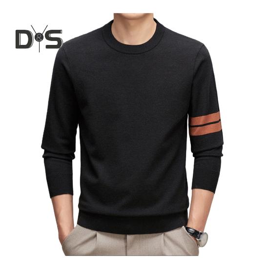 Męski sweter na jesień i zimę z elastycznymi mankietami i obszyciem, okrągłym dekoltem, pogrubiony, utrzymujący ciepło, jednokolorowy, długie rękawy, średniej długości góra