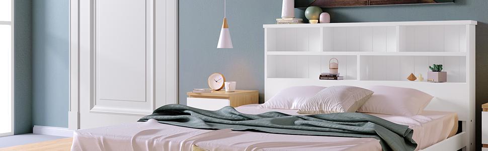 Massivholz Doppelbett mit Schubladen und Lattenrost, Bücherregal Jugend und Erwachsenen Kinderbett, 140x200cm Weiß