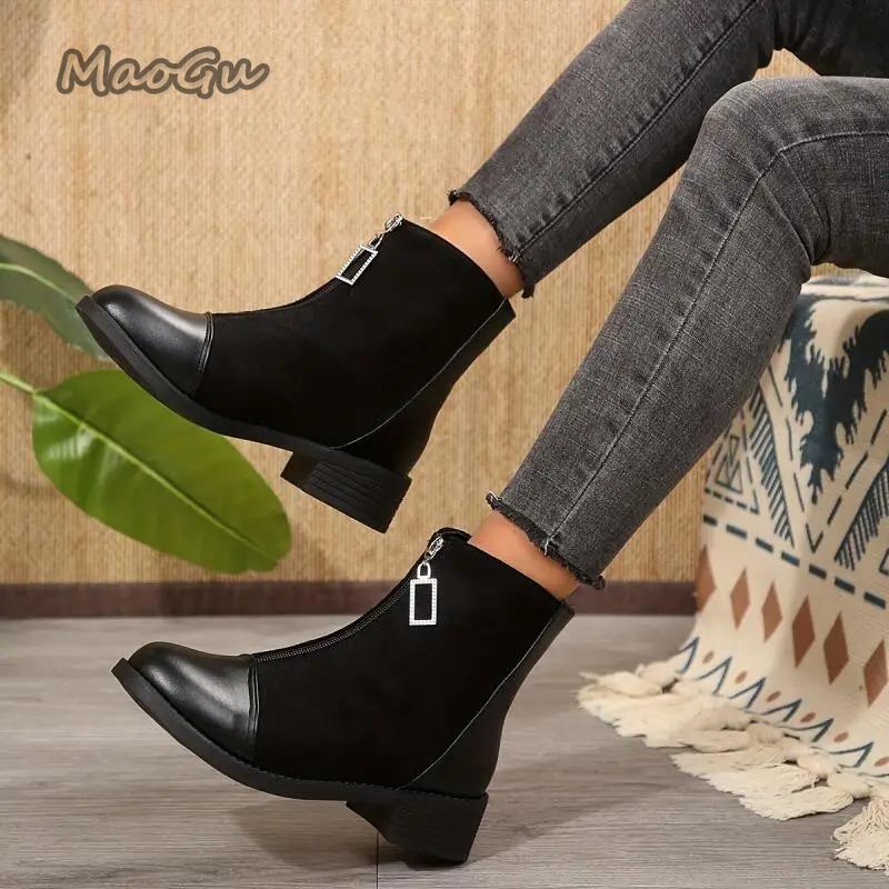 Fashion Retro Solid Black Ankle Boots Women 2025 Autumn Comfort Medium Heel Vintage Stretch Boots Glitter Zip Decoration Woman's Shoes