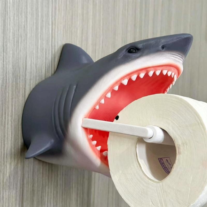Bathroom Tissue Holder with 3D Shark Design, Roll Stand for Daily Paper Dispensing, Countertop Storage Accent for Restroom and Wash Area Use
