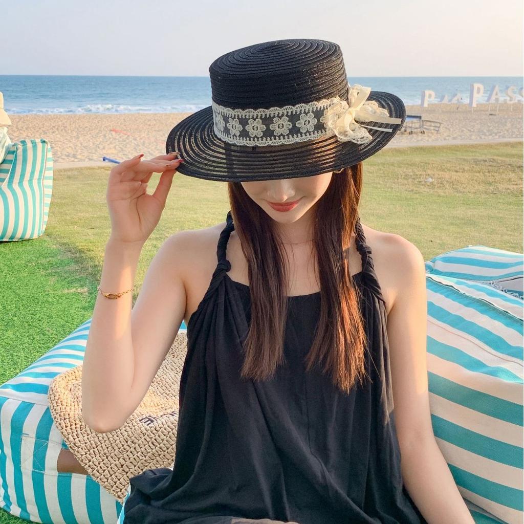 Summer Women's Hollow Straw Visor, Seaside Vacation Big-brimmed Sunscreen Hat, Breathable Lace Wide-brimmed Straw Hat
