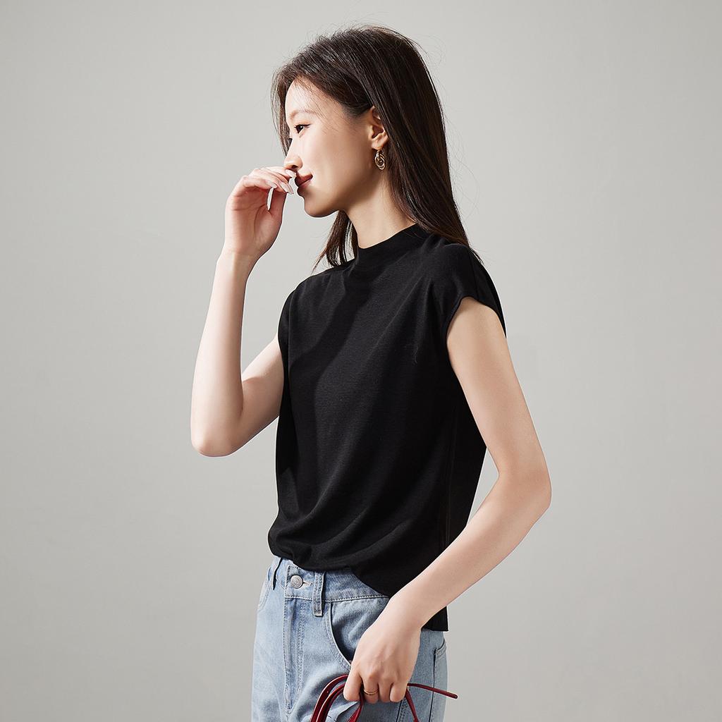 Half high neck short sleeved t-shirt for women in 2026 spring fashion, versatile and slimming, solid color interior top