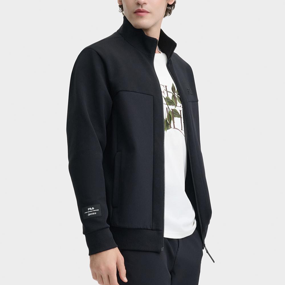 FILA Knit Zip Top Solid Color Simple Windproof Warm Stand Collar Jacket Men Jacket Black F11M448503FBK