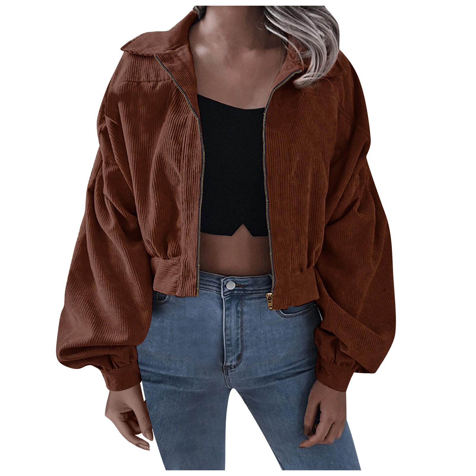 

Women s Winter Corduroy Lapel Solid Long Sleeve Short Zip Jacket L коричневий