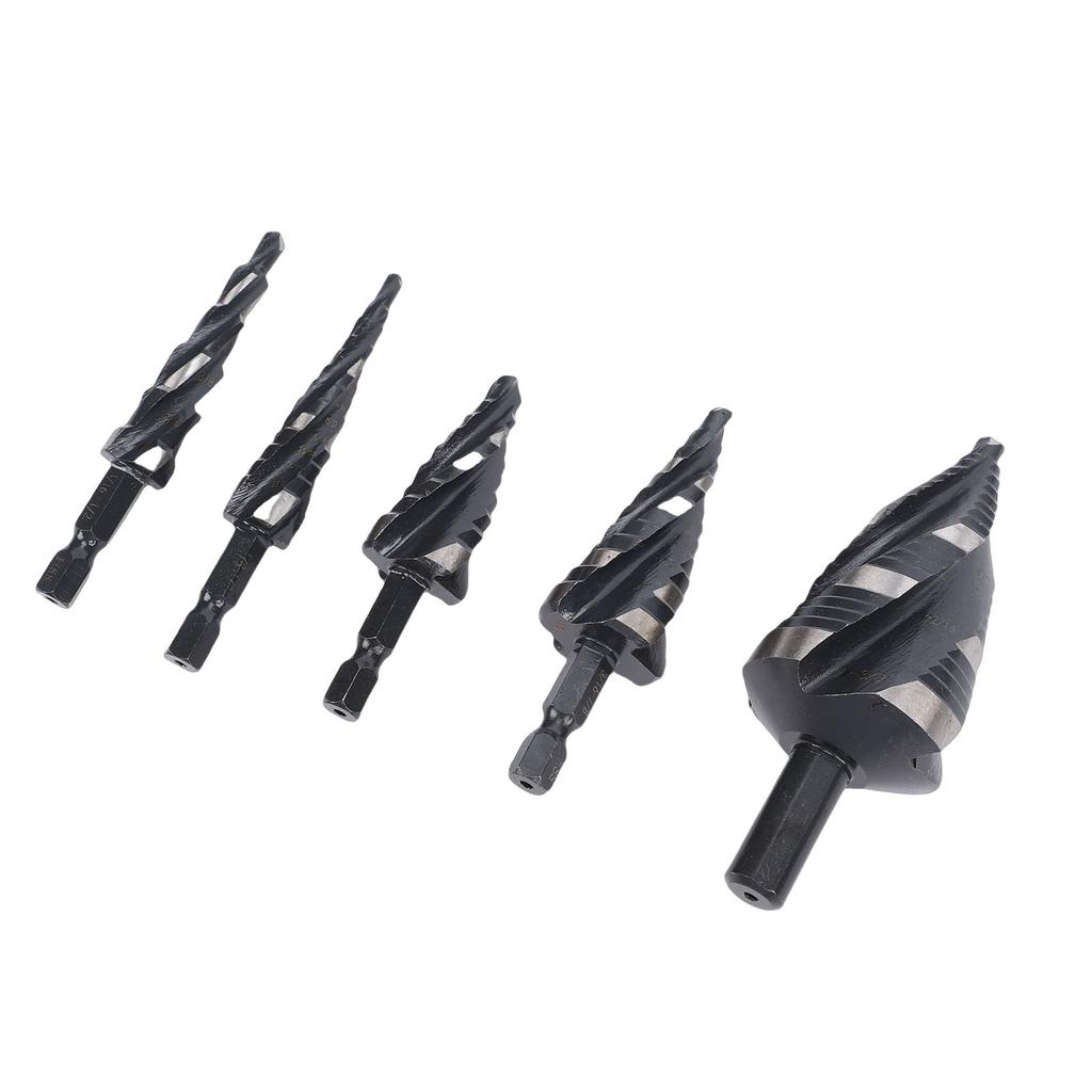 5Pcs Step Drill Bit Set 4 Spiral Flute HSS Bits 1 8in 1 3 8in with 1 4in 3 8in Hex Shank for Stainless Steel Aluminum