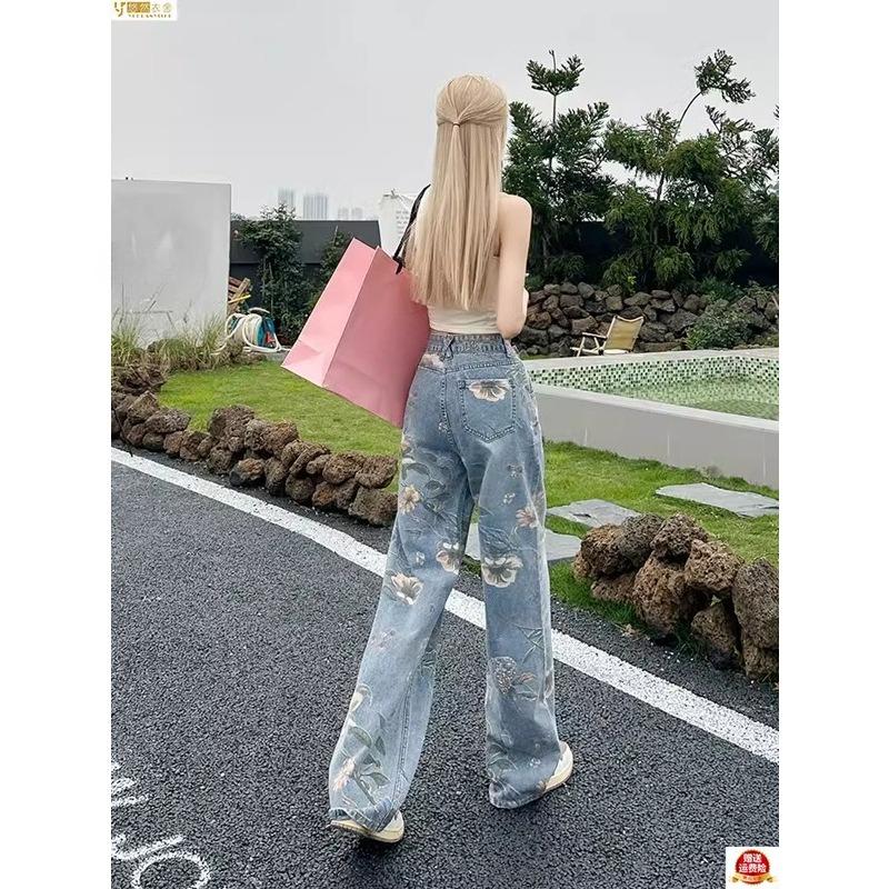 Flower Wide-leg Jeans Women's Spring and Autumn Large Size High Waist Design Sense Niche Printing Straight Mopping Pants
