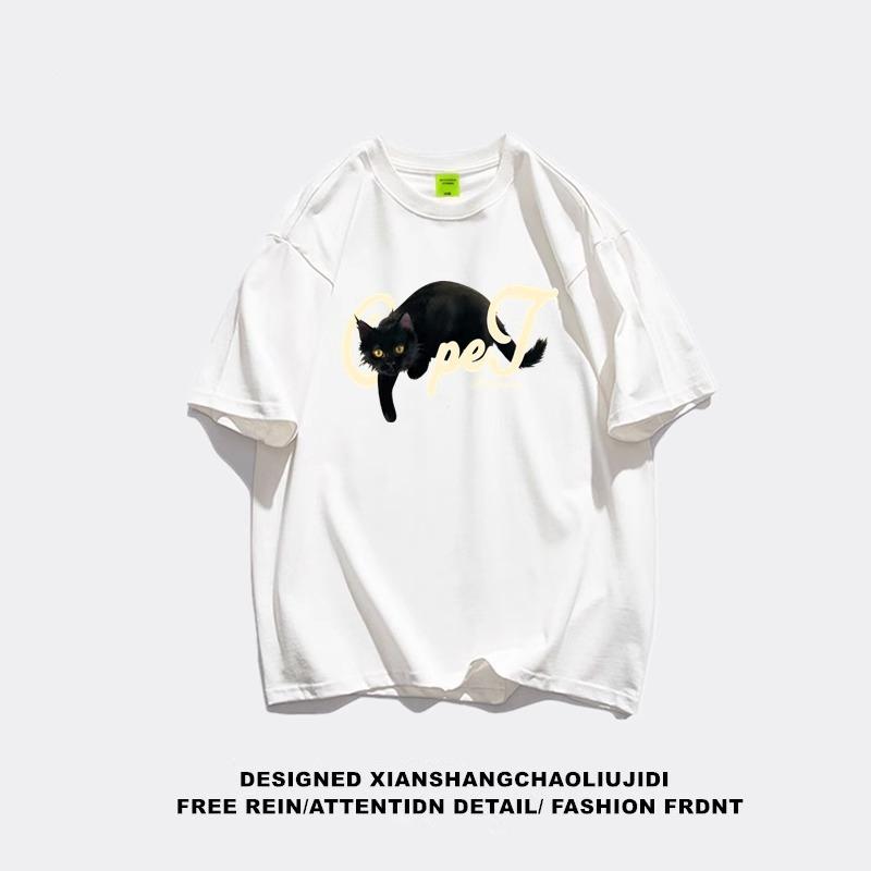 Men Black Cat Graphic Print Oversized Short Sleeve T Shirt Casual Loose Streetwear Summer Top