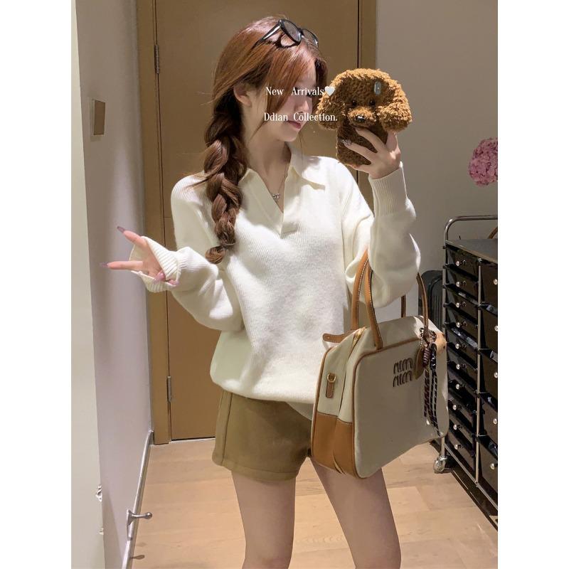 Solid color polo lapel top spring slack soft waxy and thin bottoming shirt with knitted sweater inside women