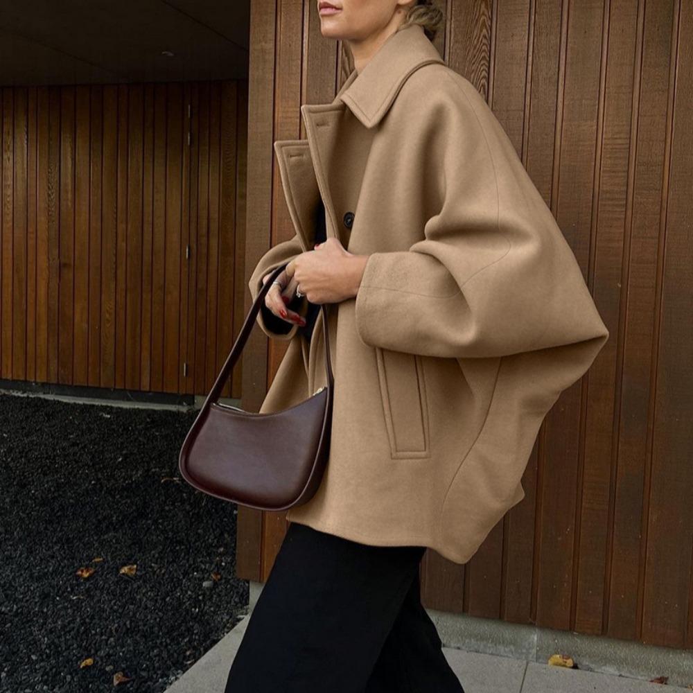VAYLA New Outerwears Trench Coat for Women Batwing Sleeve Long Coat Winter Woolen Cloth Trench Brown Lapel Mid Long Jackets