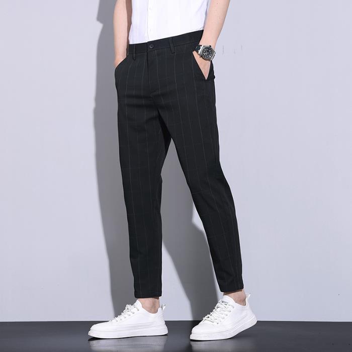 Secțiune ultra-subțire de vară carouri pantaloni nouă sferturi costum pantaloni drepți largi 9 pantaloni pantaloni casual pentru bărbați trend versatil