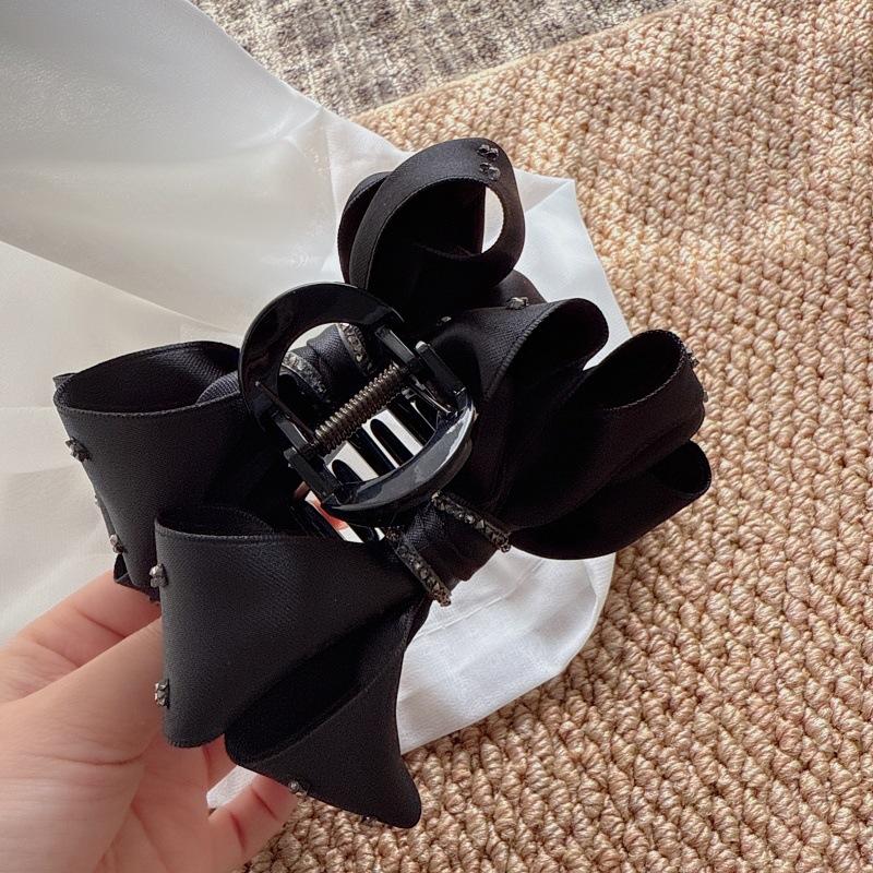 New Style Crystal Rhinestone Black Bow Fabric Claw Clip with Luxurious Feel for Women