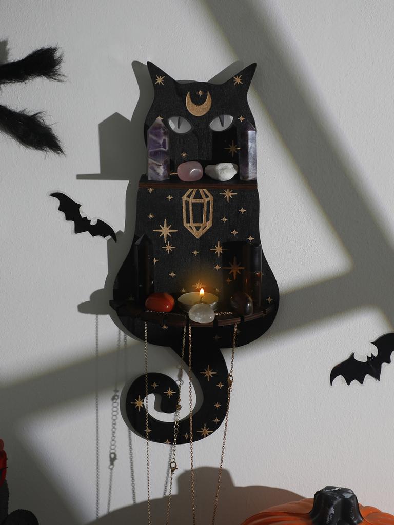1/2/3-stufiges schwarzes Katzen-Wandregal Holz-Mondphasen schwebende Wandregale Kristallstein-Ausstellungsständer Leiste Hexen-Zimmerdekoration