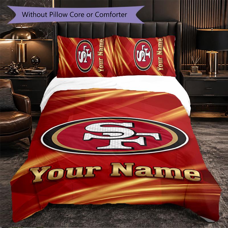 San Francisco 49ers Customized Name Text Bedding Set, 1 Duvet Cover & 2 Pillowcases Personalized Bedroom Gift