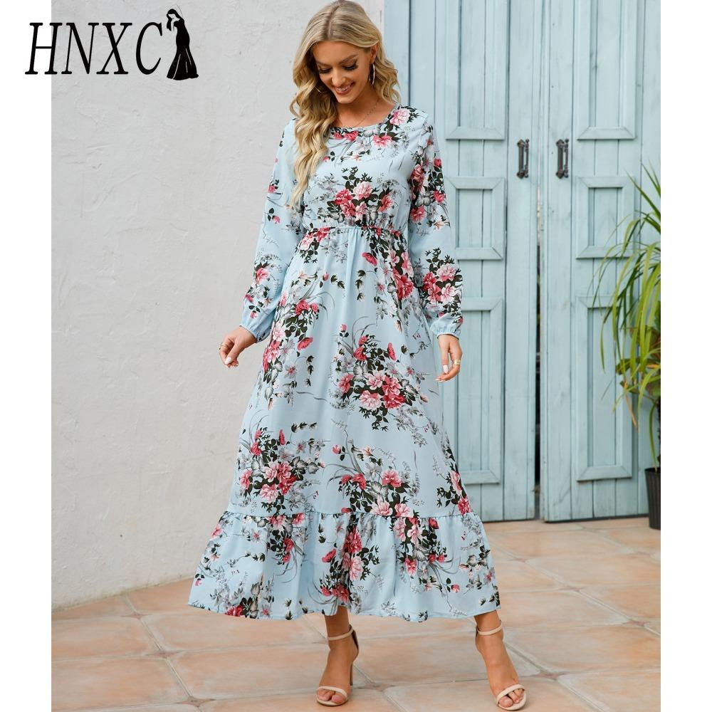 HNXC Spring Summer Bohemian Women Maxi Dress Casual Long Sleeve High Waist Beach Dress Women Floral Chiffon Dresses Vestidoes Mujer New