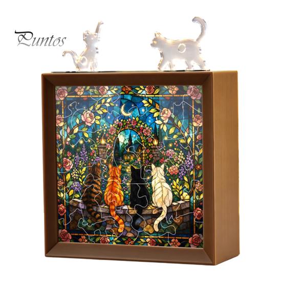 Wooden Photo Frame Base DIY Acrylic Cat Puzzles Night Light, Hand-Assembled Stained Glass Style Jigsaw Lamp with Personalized Handmade Presents Decor,