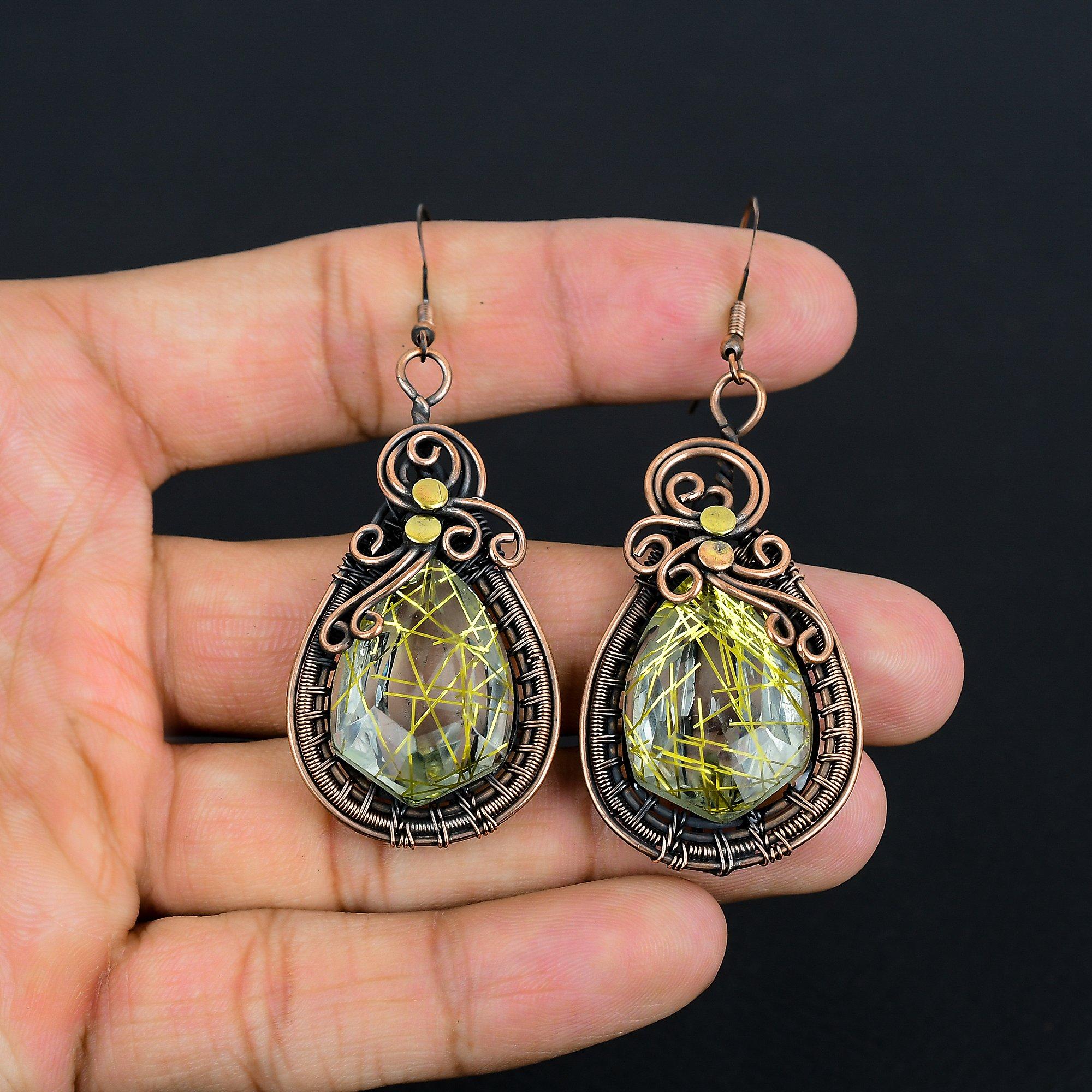 

Украшения из золотого рутила, серьги, обернутые медной проволокой 999 пробы, серьги ручной работы с драгоценными камнями ко Дню памяти 2.86 Inches