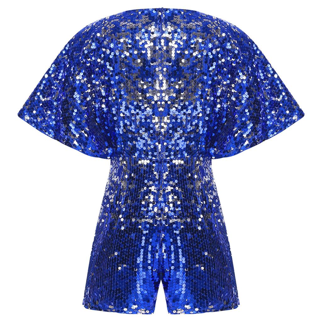 Complete Party-Ready Jumpsuit for Girls: Sparkling Sequins V-Neck Cap Sleeve Bodysuit, Perfect for Photos & Special Events