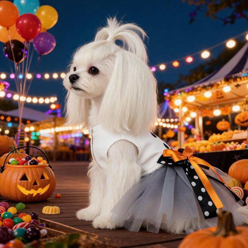Halloween Ghost Print Polka Dot Bow Tulle Dress Small Dogs Maltese Costume Pet Outfit
