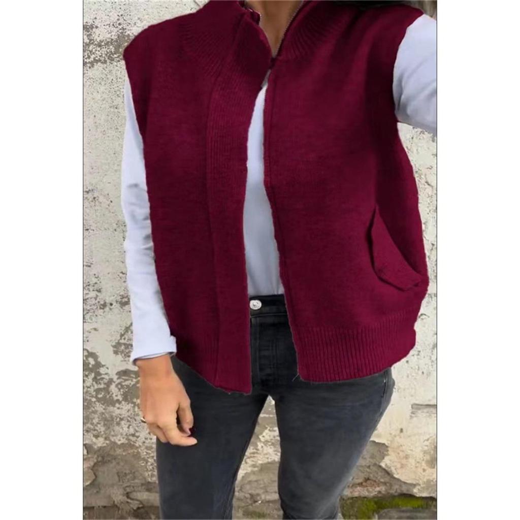 Winter Women's Stand Collar Zip Knitted Vest Loose Casual Open Front Sweater Gilet for Autumn Winter