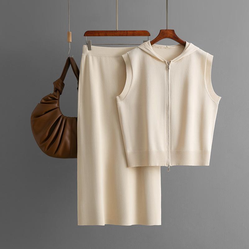 Summer Hooded Knitted Vest Cardigan Women's Fashion Set Skirt Loose Zipper Two-piece Set
