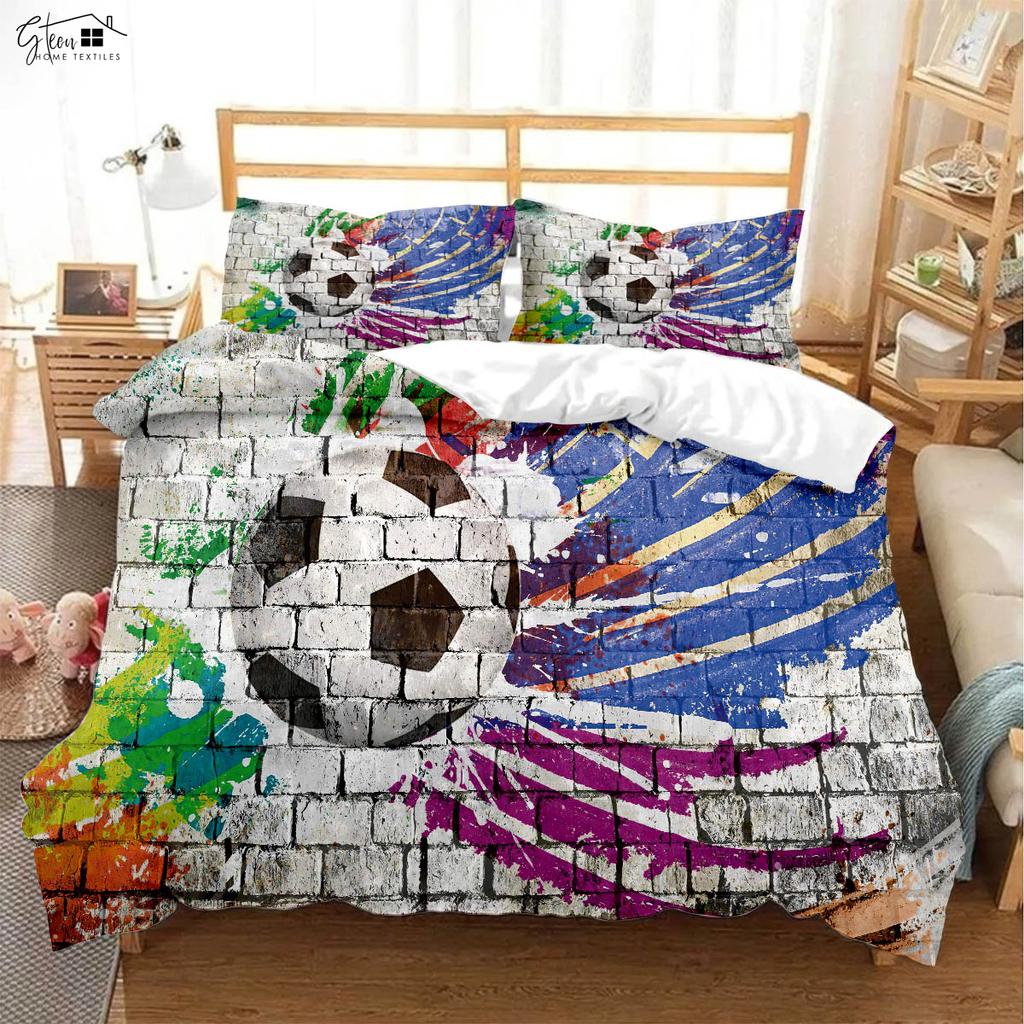 Cool Sports Acuarelă Fotbal Husă de Plapumă Imprimată 3D Set de Lenjerie de Pat pentru Camera Băieților Set din Trei Piese Husă de Plapumă Față de Pernă