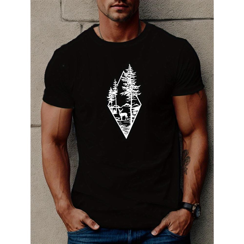 

European sizes Men s Casual Short Sleeve T-Shirt with Geometric Print - Breathable Polyester, Round Neck, Machine Washable - Perfect for Summer 4XL чорний