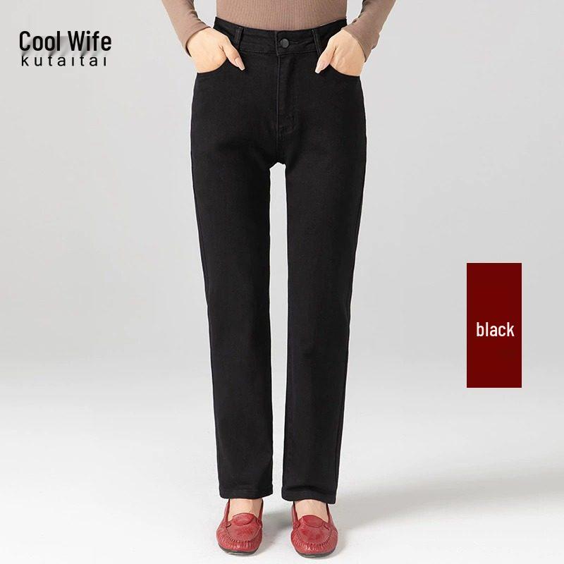 

Mom s Jeans Black High Waist Plus Velvet Elastic Straight Leg Pants - Women s Plus Size Autumn/Winter Casual Wear 26