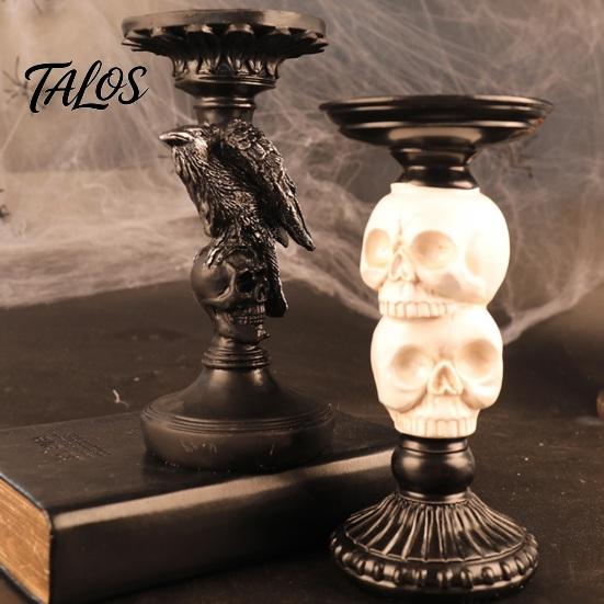 Begraafplaats Geïnspireerde Feestattributen Gotische Kandelaarkandelaar, Halloween Hars Raaf Schedel Zuilkaars Handgemaakte Beeldhouwwerk Basis Vintage Spookachtig