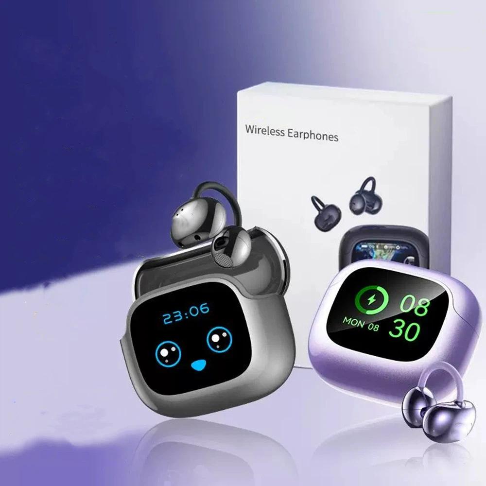 Bluetooth V6.0 Wireless OWS Clip Headphones AI Translator LCD Touch Screen Earphone Mic Noise Reduction Headsets Translation Earbuds for Android iOS  