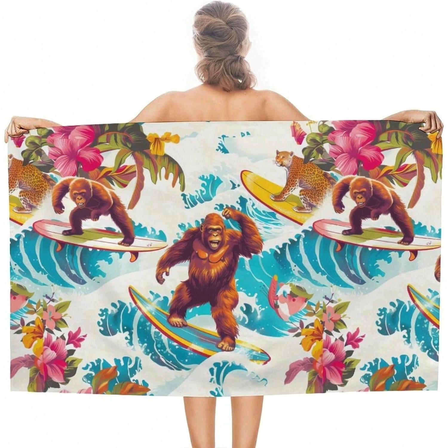 

Gorilla Surfing Beach Towel – Premium Microfiber,Soft,Absorbent, Quick Dry – Beach, Pool, Travel –Animal Print Towel for Adults W30*H60(CM)