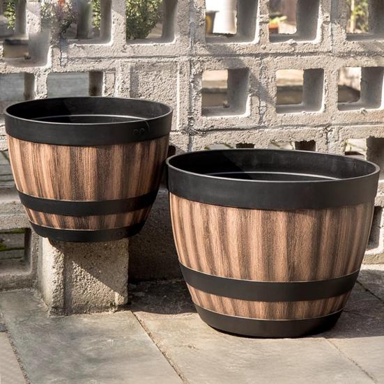 Yousheng Large Flower Pot Whiskey Barrel Design Plant Pot with Drainage Holes Saucer Lotus Planter Rustic Garden Pots for Herbs Outdoor Planting