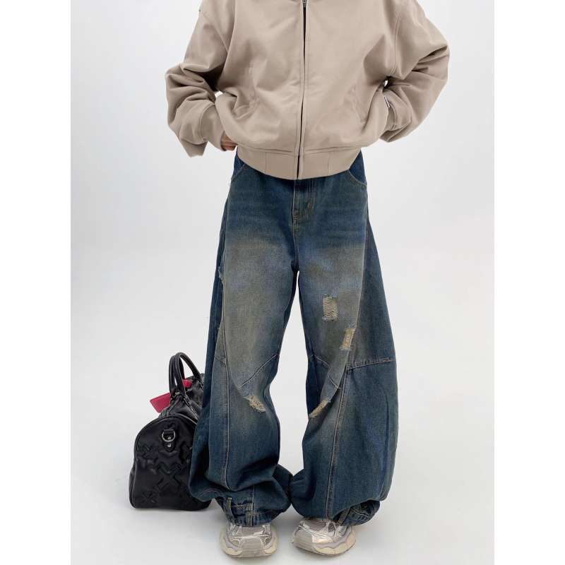 JYL Unisex Wide-Leg Jeans American Vintage Ripped Bootcut Deconstructed Straight Denim