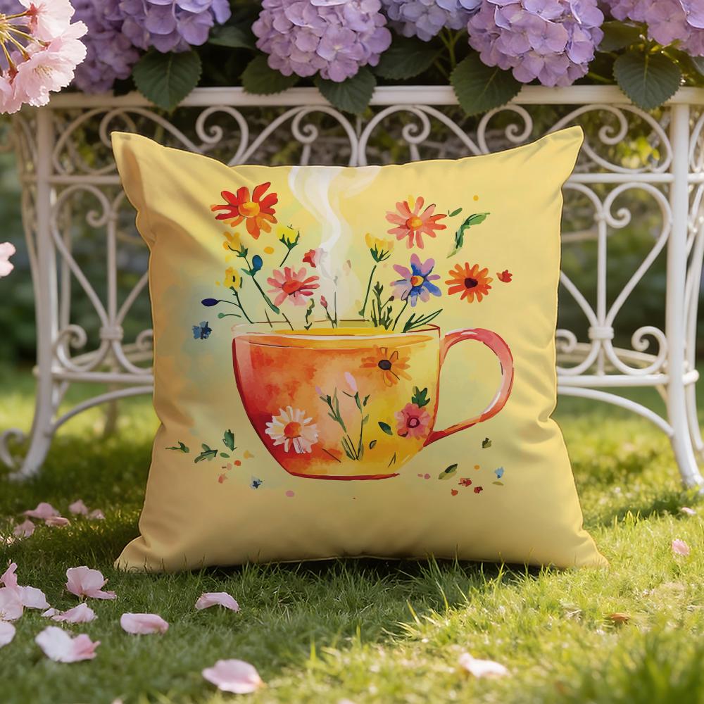 Painting Cup of Flowers Cushion Cover Home & Car Dual-Scene Pillow Cover: Reversible for Premium Comfort
