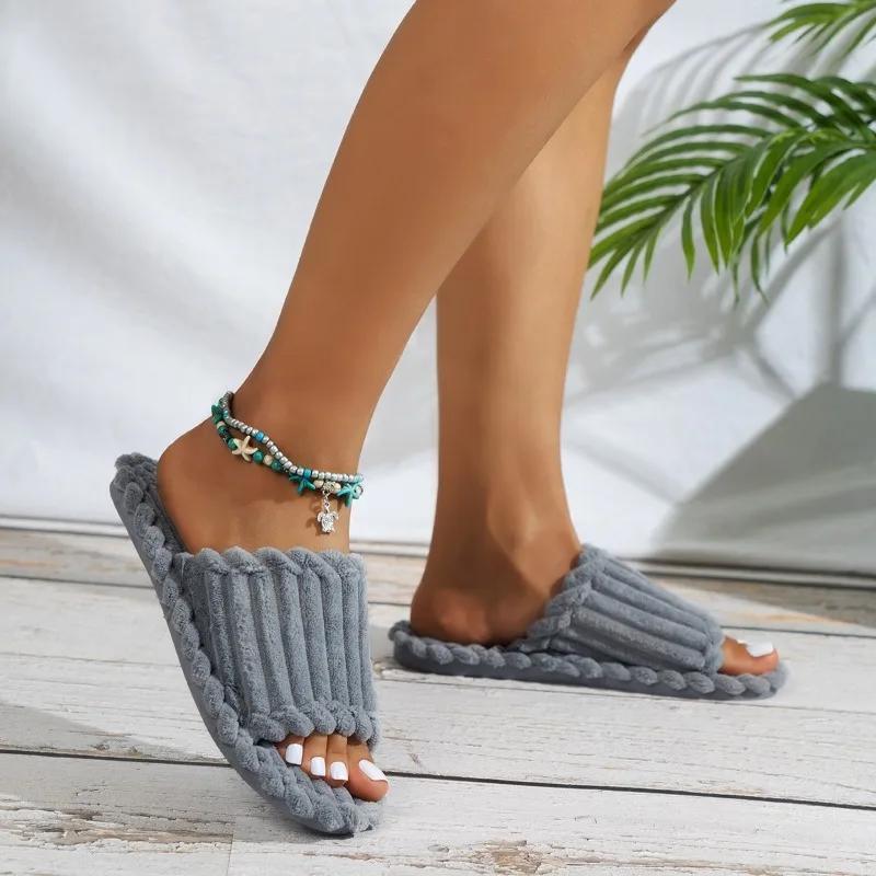 fashion 2024 Women's Fashion Simple Solid Color Slip-on Slippers Indoor Home Couple Striped Open-toe Cotton Slippers Zapatos De Mujer