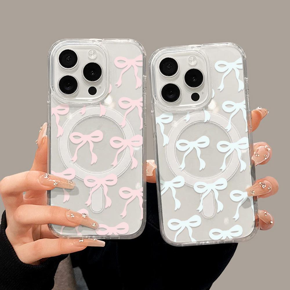 Pink Blue Bow Magnetic Magsafe Charging Phone Case For iPhone 17 Pro Case iPhone 13 15 11 12 14 16 Pro Max Air Y2K Clear Cover
