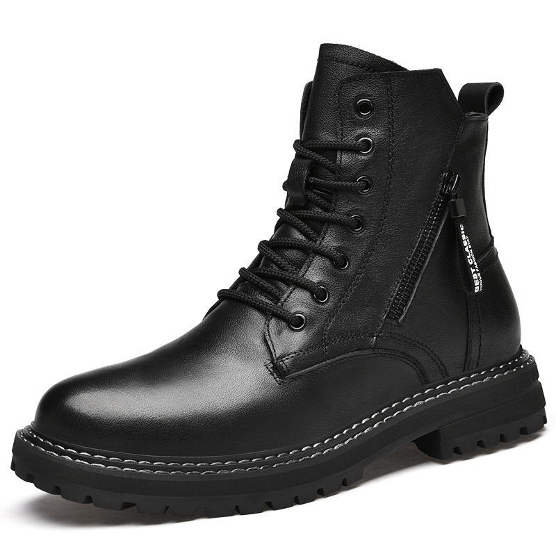 Men's Genuine Leather High-Top Snow Boots - Winter Velvet-Lined Martin Style
