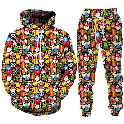 Weihnachtsthema 3D-gedruckter Hoodie-Hosenanzug Modepaar 2-teiliger Trainingsanzug Frohes Neues Jahr Männer/Frauen Lustige Streetwear-Kleidung