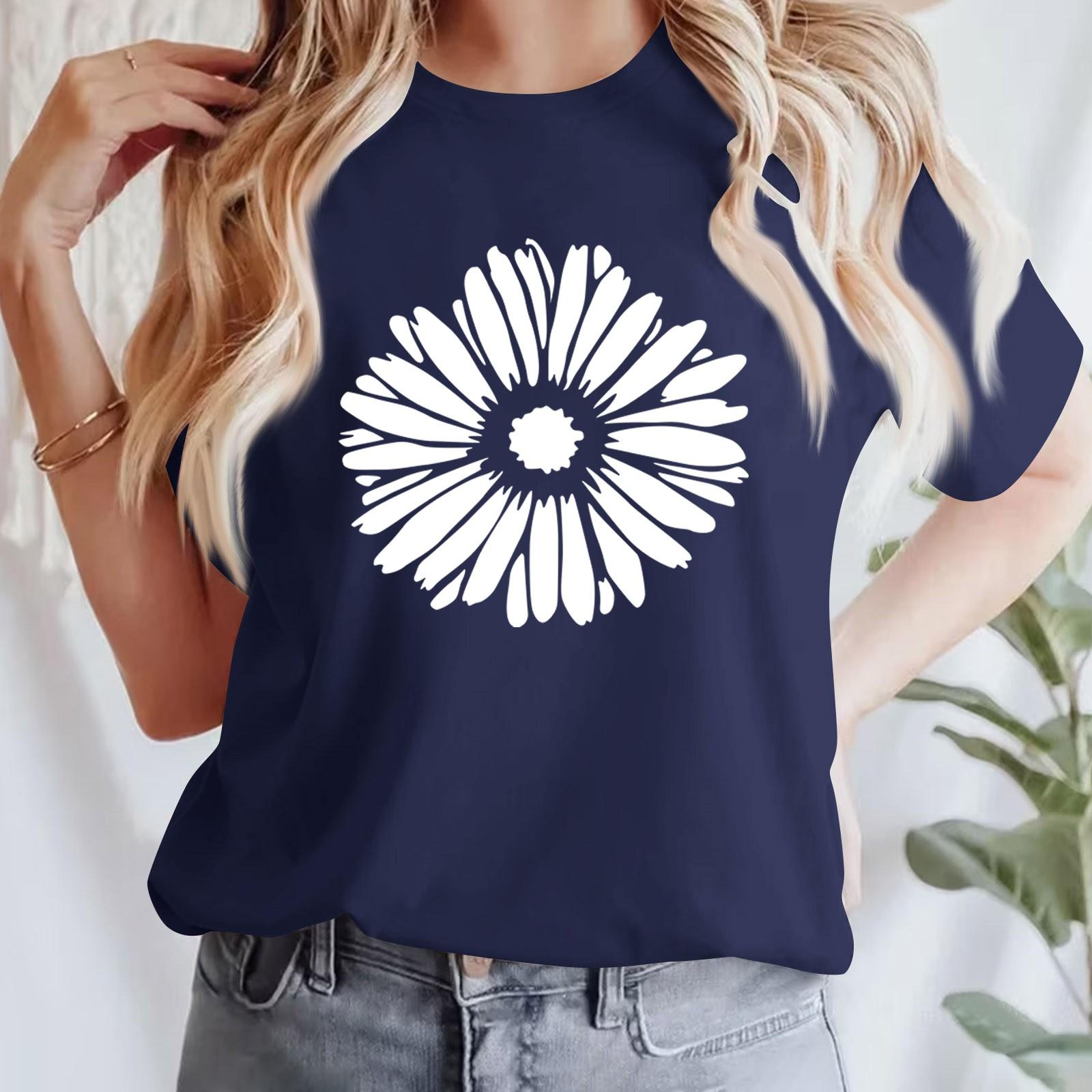 

Женская повседневная футболка с принтом, пуловер с круглым вырезом, топ с короткими рукавами S тёмно-синий