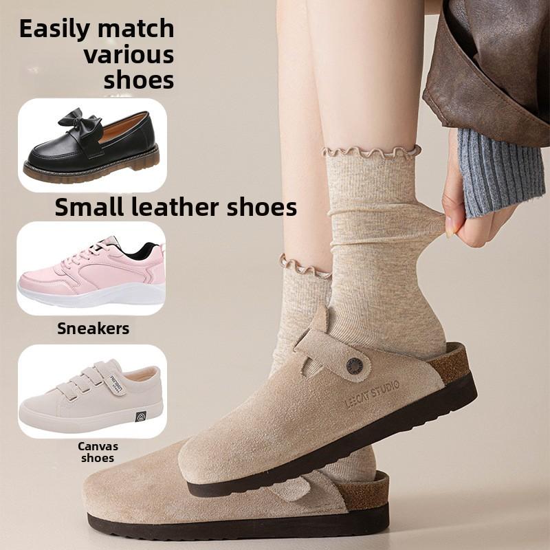 Black Fungus Edge Socks, Women's Solid Color Cotton Mid-calf Socks, Boneless Pile Socks for All Four Seasons, Rolled-up Postpartum Socks, Long Socks