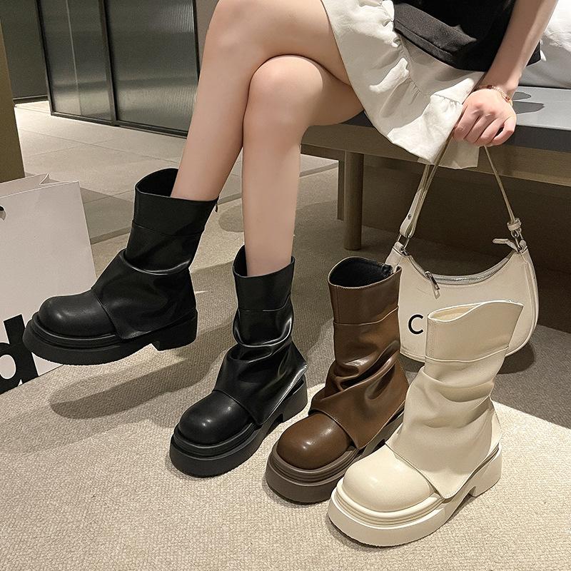 2025 New Autumn White Martin Boots Women's Small Thick-soled Heightening Retro Trouser Boots British Short Boots