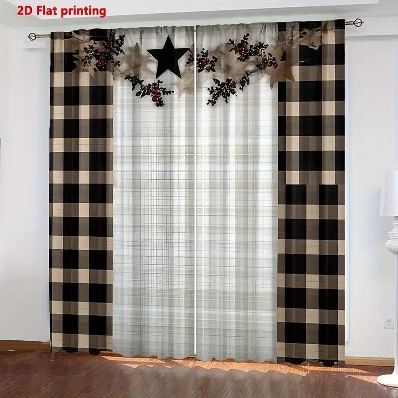 2pcs Plaid Star Design Curtains   Room Darkening Fabric Rod Pocket Curtain   Christmas Window Decor   Farmhouse Decor