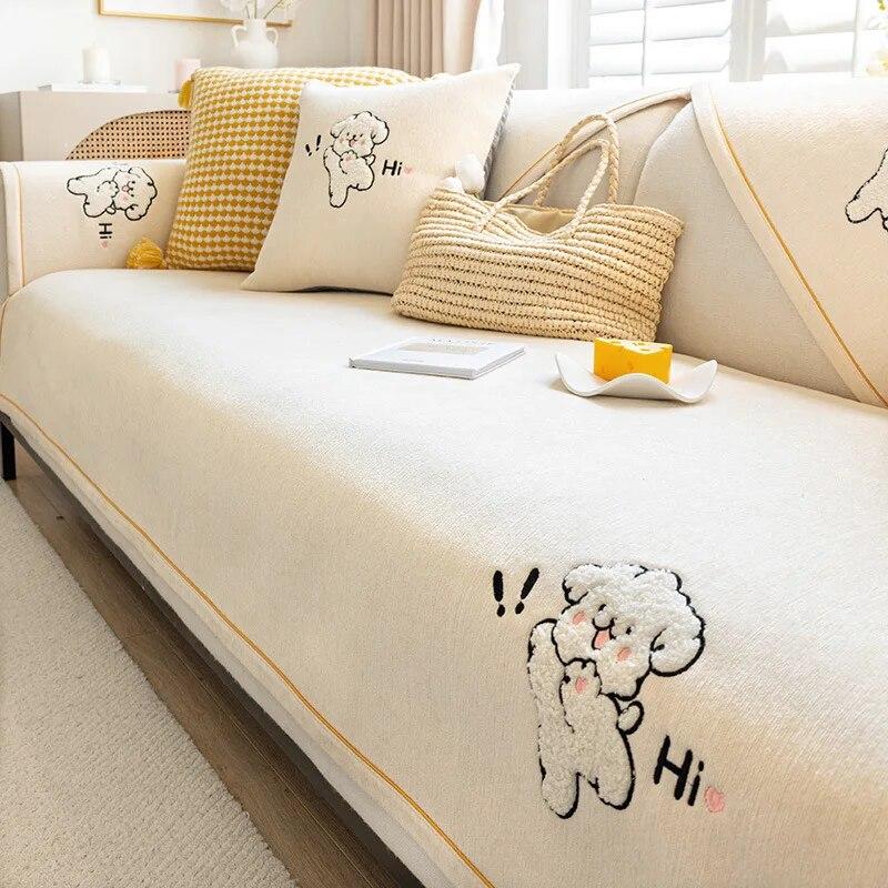 Nordic Cartoon Dog Chenille Sofa Mat Non-slip Sofa Towel Couch Cushion Cover Four Seasons Universal Simplicity Couch Slipcovers