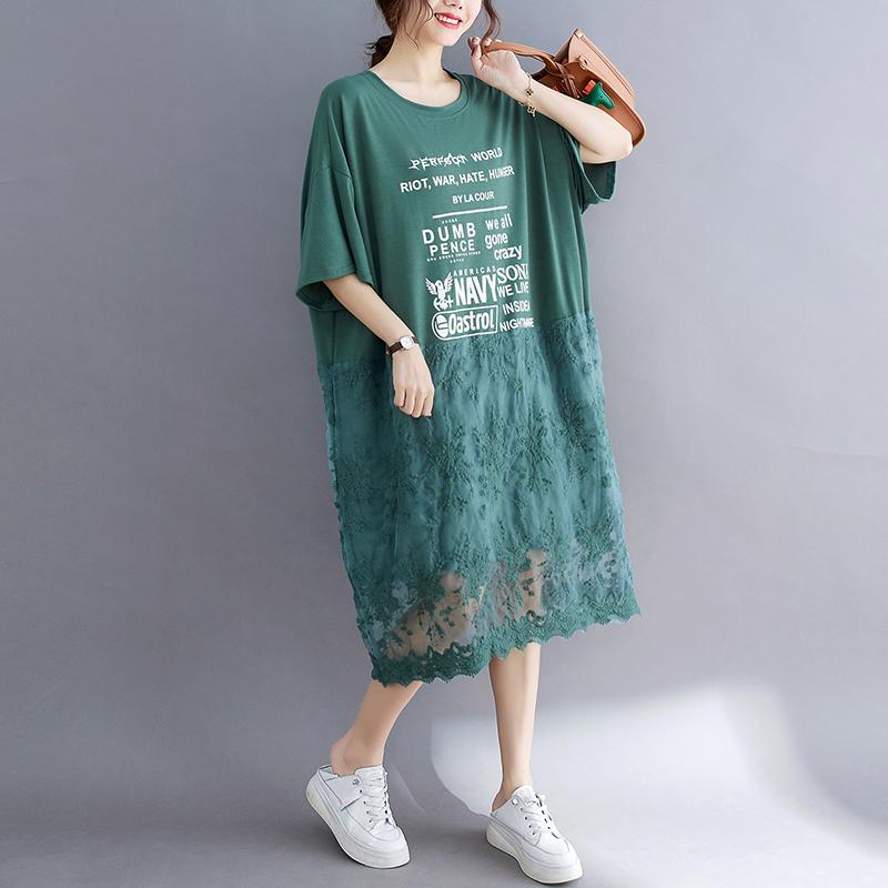 

DIMANAF 2025 Летнее платье больших размеров Базовое женское повседневное свободное длинное винтажное новое кружевное платье большого размера Макси XL зелёный